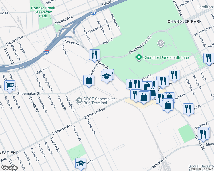 map of restaurants, bars, coffee shops, grocery stores, and more near 5555 Conner Street in Detroit