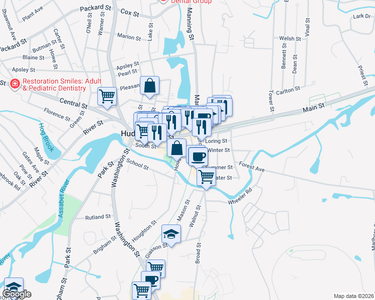 map of restaurants, bars, coffee shops, grocery stores, and more near 17 Houghton Court in Hudson