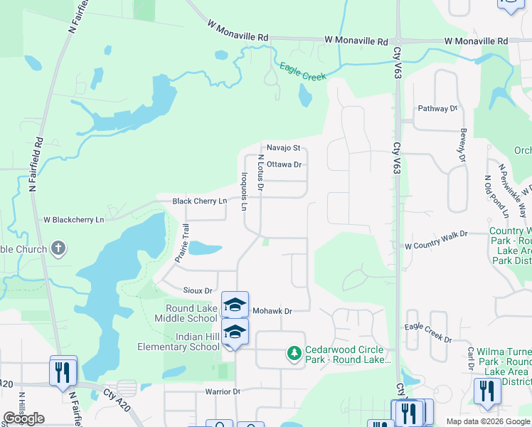 map of restaurants, bars, coffee shops, grocery stores, and more near 2315 North Lotus Drive in Round Lake Heights