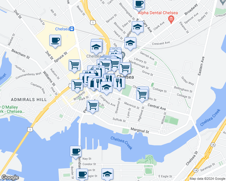 map of restaurants, bars, coffee shops, grocery stores, and more near 18 Central Avenue in Chelsea