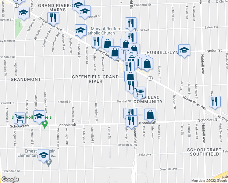 map of restaurants, bars, coffee shops, grocery stores, and more near 14145 Montrose Street in Detroit