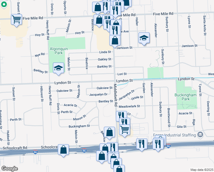 map of restaurants, bars, coffee shops, grocery stores, and more near 29541 Oakview Avenue in Livonia