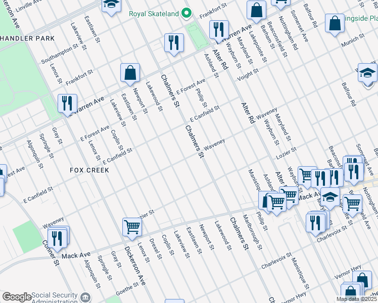 map of restaurants, bars, coffee shops, grocery stores, and more near 4234 Lakewood Street in Detroit