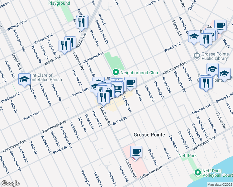 map of restaurants, bars, coffee shops, grocery stores, and more near 16999 Kercheval Avenue in Grosse Pointe