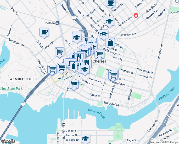 map of restaurants, bars, coffee shops, grocery stores, and more near 18 Central Avenue in Chelsea