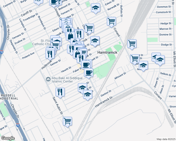 map of restaurants, bars, coffee shops, grocery stores, and more near 8731 Joseph Campau Avenue in Hamtramck