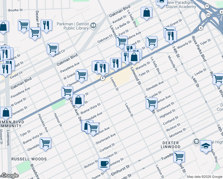 map of restaurants, bars, coffee shops, grocery stores, and more near 2909 Buena Vista Street in Detroit