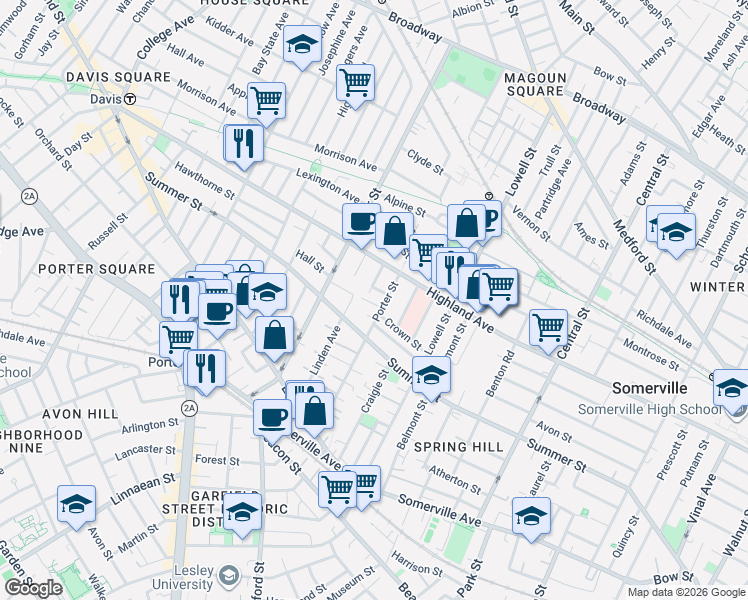 map of restaurants, bars, coffee shops, grocery stores, and more near 9 Porter Avenue in Somerville