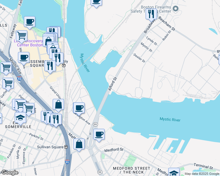 map of restaurants, bars, coffee shops, grocery stores, and more near Alford Street in Boston