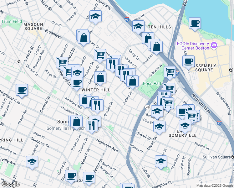 map of restaurants, bars, coffee shops, grocery stores, and more near 47 Sargent Avenue in Somerville