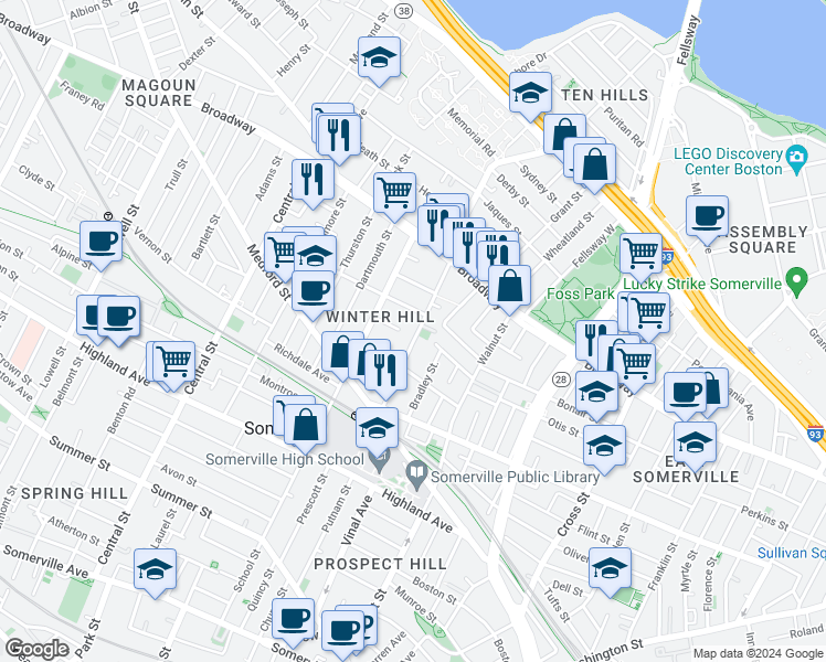 map of restaurants, bars, coffee shops, grocery stores, and more near 51 Marshall Street in Somerville