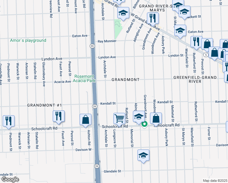 map of restaurants, bars, coffee shops, grocery stores, and more near 14154 Archdale Street in Detroit