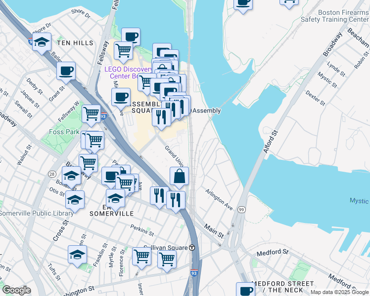 map of restaurants, bars, coffee shops, grocery stores, and more near 255 Grand Union Boulevard in Somerville