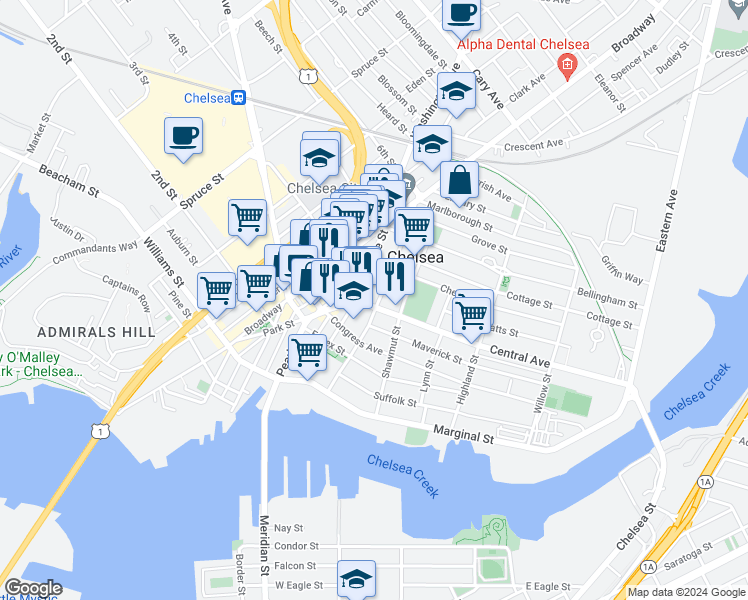 map of restaurants, bars, coffee shops, grocery stores, and more near 32 Central Avenue in Chelsea