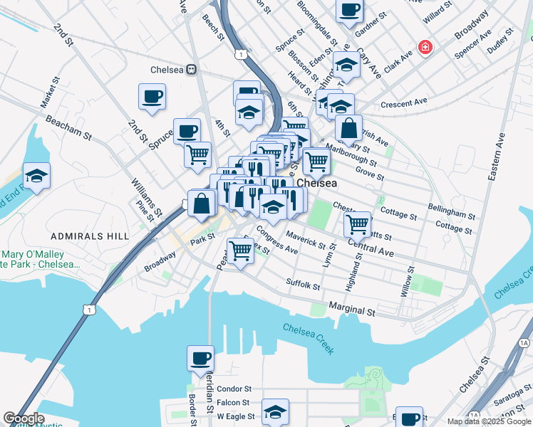 map of restaurants, bars, coffee shops, grocery stores, and more near 99 Hawthorne Street in Chelsea