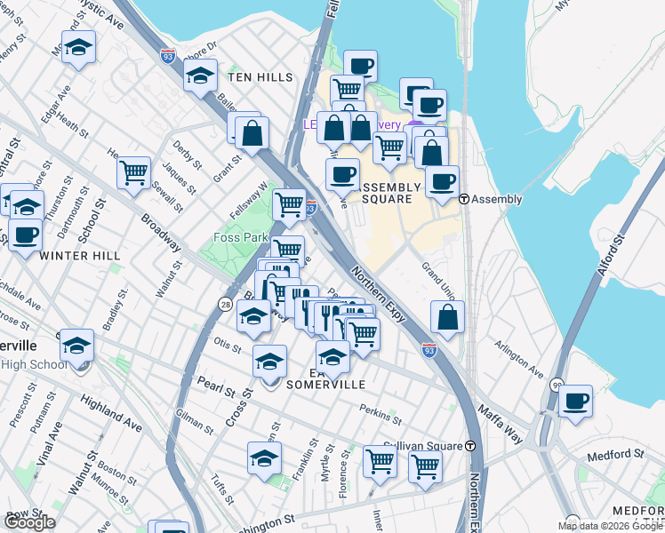 map of restaurants, bars, coffee shops, grocery stores, and more near 11 Connecticut Avenue in Somerville