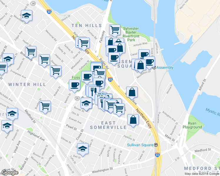 map of restaurants, bars, coffee shops, grocery stores, and more near 11 Connecticut Avenue in Somerville