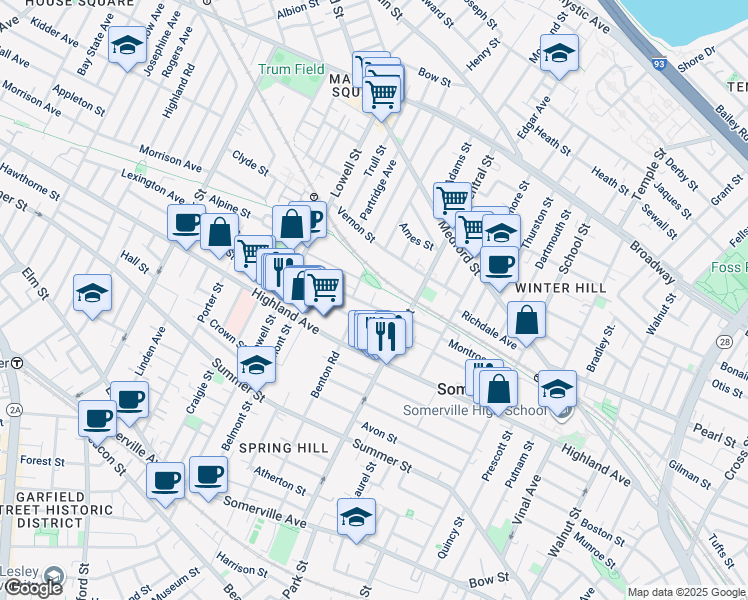 map of restaurants, bars, coffee shops, grocery stores, and more near 31 Hudson Street in Somerville