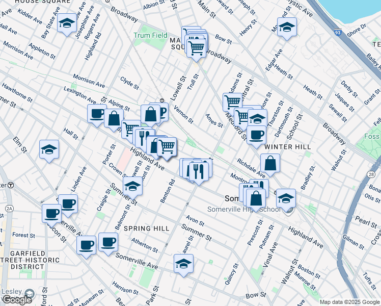 map of restaurants, bars, coffee shops, grocery stores, and more near 31 Hudson Street in Somerville