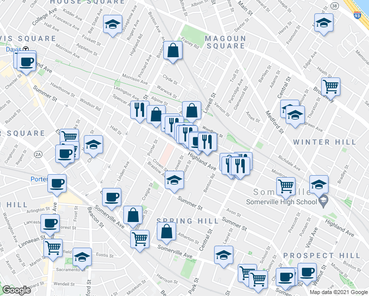 map of restaurants, bars, coffee shops, grocery stores, and more near 219 Highland Avenue in Somerville