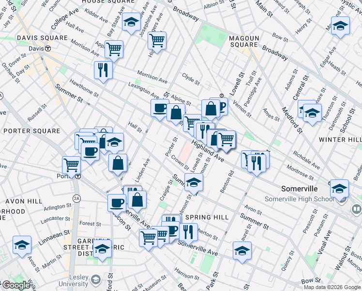 map of restaurants, bars, coffee shops, grocery stores, and more near 29 Crocker Street in Somerville
