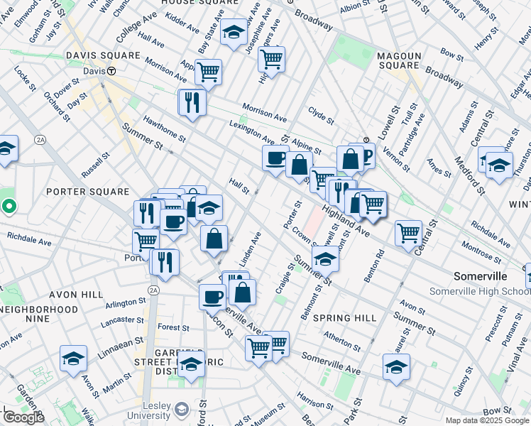 map of restaurants, bars, coffee shops, grocery stores, and more near 9 Porter Avenue in Somerville
