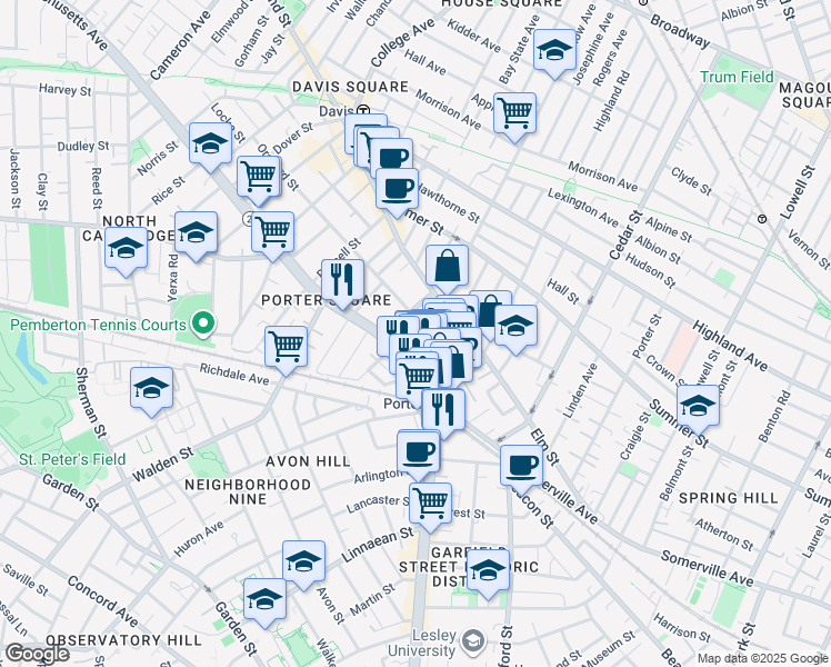 map of restaurants, bars, coffee shops, grocery stores, and more near 19 Davenport Street in Cambridge