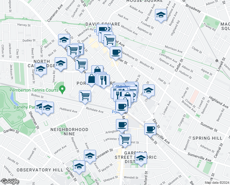 map of restaurants, bars, coffee shops, grocery stores, and more near 1972 Massachusetts Avenue in Cambridge