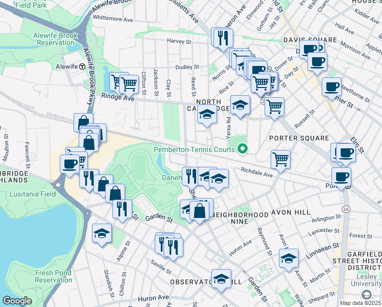 map of restaurants, bars, coffee shops, grocery stores, and more near 9C Bellis Circle in Cambridge