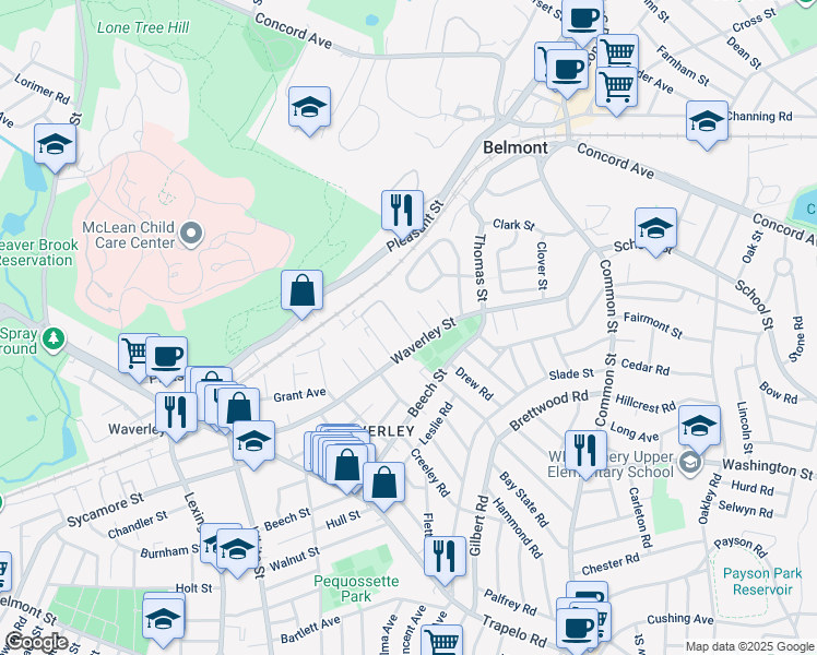 map of restaurants, bars, coffee shops, grocery stores, and more near 13 Prince Street in Belmont