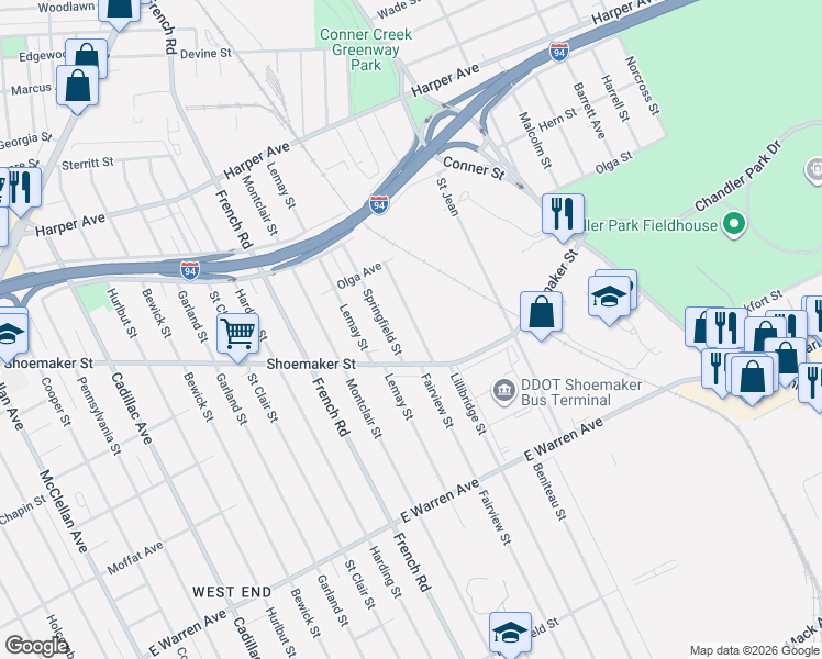 map of restaurants, bars, coffee shops, grocery stores, and more near 5537 Springfield Street in Detroit