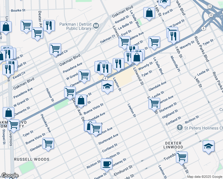 map of restaurants, bars, coffee shops, grocery stores, and more near 2982 Tyler Street in Detroit