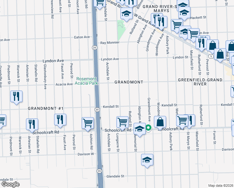 map of restaurants, bars, coffee shops, grocery stores, and more near 14154 Archdale Street in Detroit