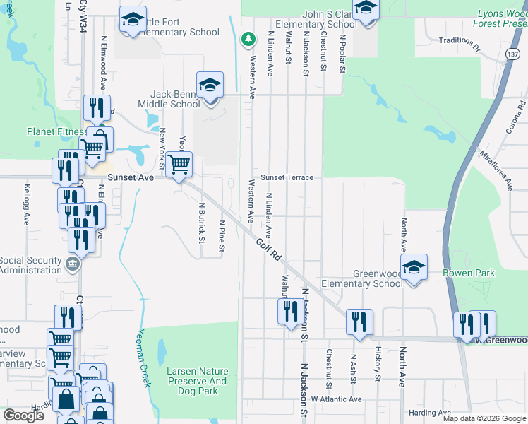 map of restaurants, bars, coffee shops, grocery stores, and more near 1111 Longview Road in Waukegan