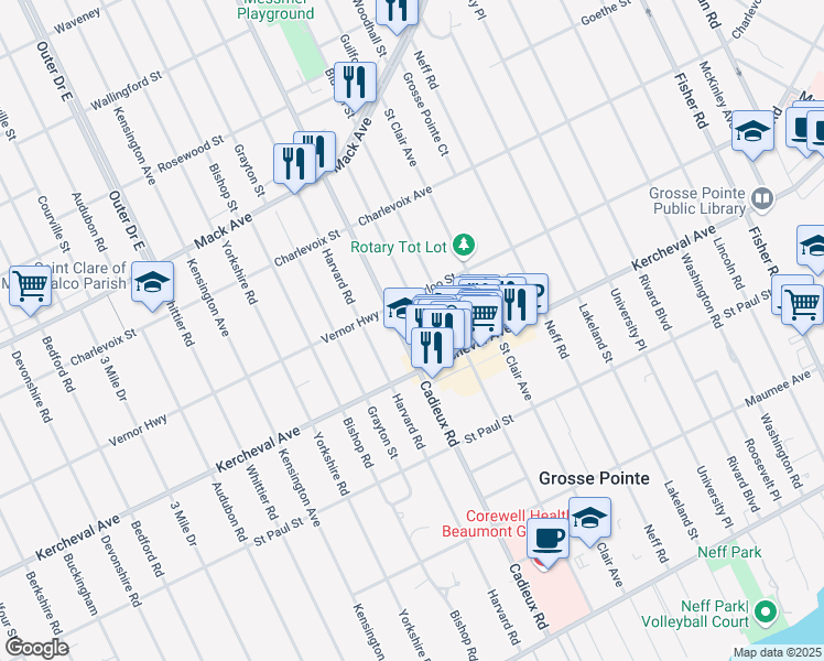 map of restaurants, bars, coffee shops, grocery stores, and more near 740 Cadieux Road in Grosse Pointe