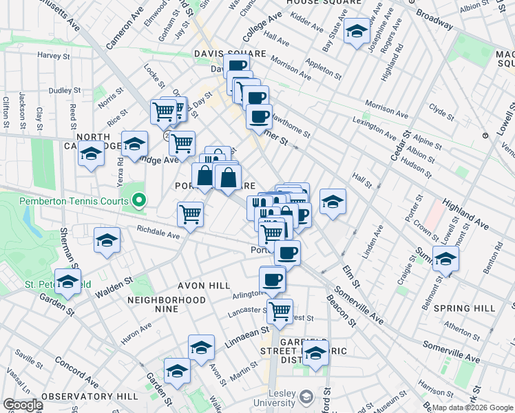 map of restaurants, bars, coffee shops, grocery stores, and more near 2 Beech Street in Cambridge