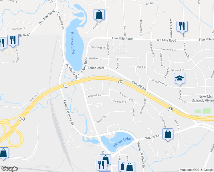 map of restaurants, bars, coffee shops, grocery stores, and more near 14675 Bradner Avenue in Plymouth