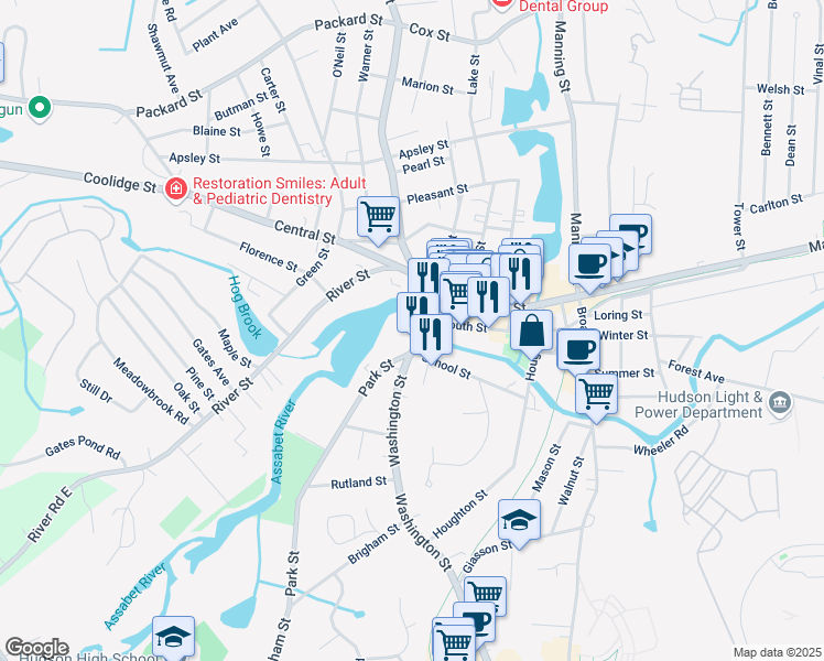 map of restaurants, bars, coffee shops, grocery stores, and more near 1 Park Street in Hudson
