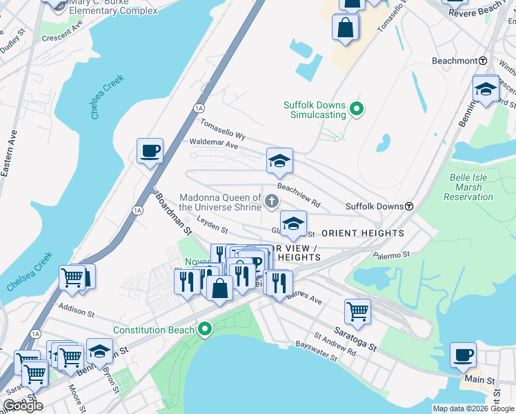 map of restaurants, bars, coffee shops, grocery stores, and more near 52 Tower Street in Boston