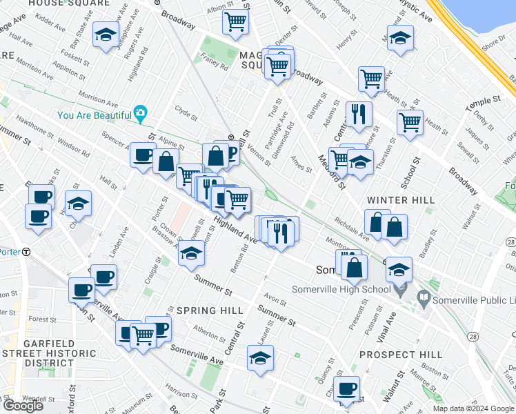 map of restaurants, bars, coffee shops, grocery stores, and more near 39 Albion Street in Somerville