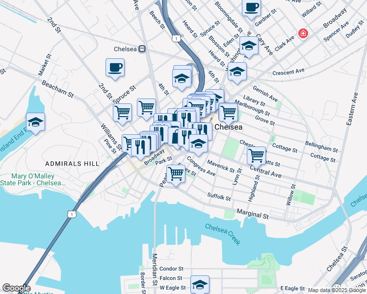 map of restaurants, bars, coffee shops, grocery stores, and more near 140 Pearl Street in Chelsea