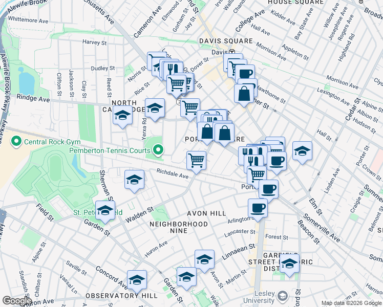 map of restaurants, bars, coffee shops, grocery stores, and more near 26 Mead Street in Cambridge
