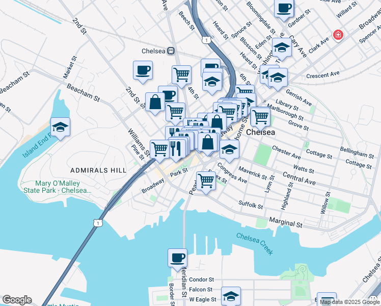 map of restaurants, bars, coffee shops, grocery stores, and more near 220 Broadway in Chelsea