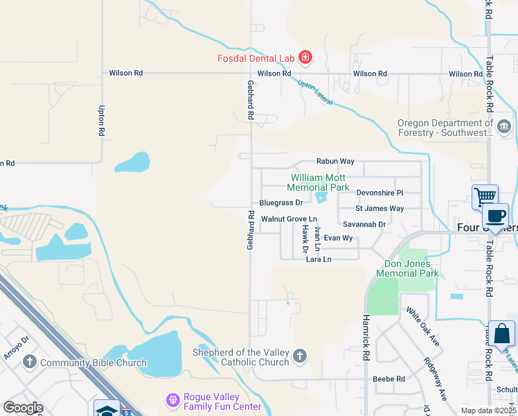 map of restaurants, bars, coffee shops, grocery stores, and more near 1401 Blue Sky Way in Central Point