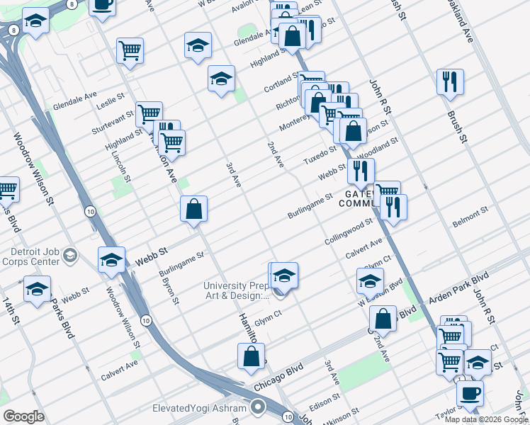 map of restaurants, bars, coffee shops, grocery stores, and more near 804 Burlingame Street in Detroit