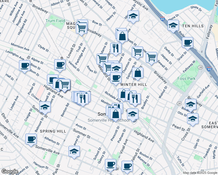 map of restaurants, bars, coffee shops, grocery stores, and more near 55 Richdale Avenue in Somerville