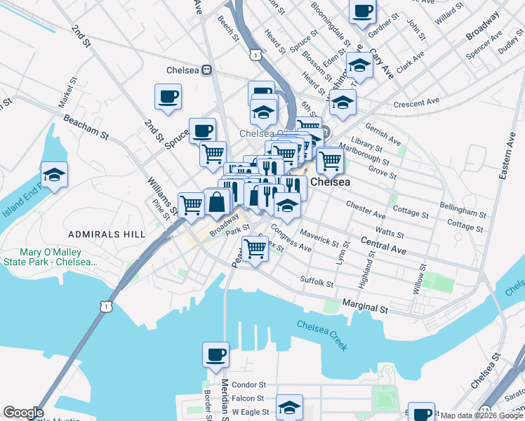 map of restaurants, bars, coffee shops, grocery stores, and more near 128 Park Street in Chelsea