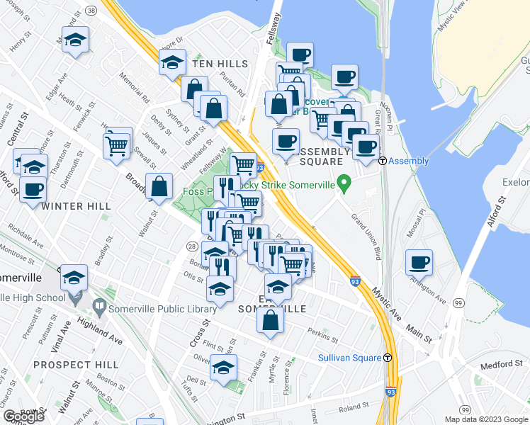map of restaurants, bars, coffee shops, grocery stores, and more near 240 Mystic Avenue in Somerville