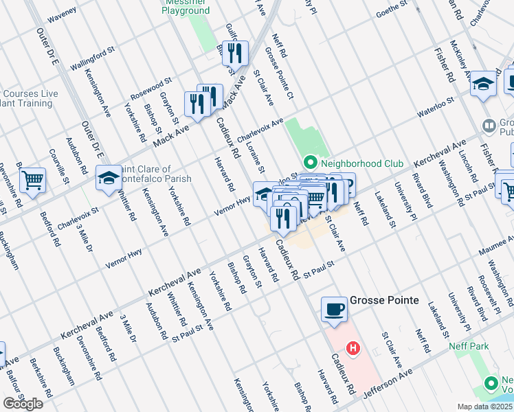 map of restaurants, bars, coffee shops, grocery stores, and more near 1238 Harvard Road in Grosse Pointe