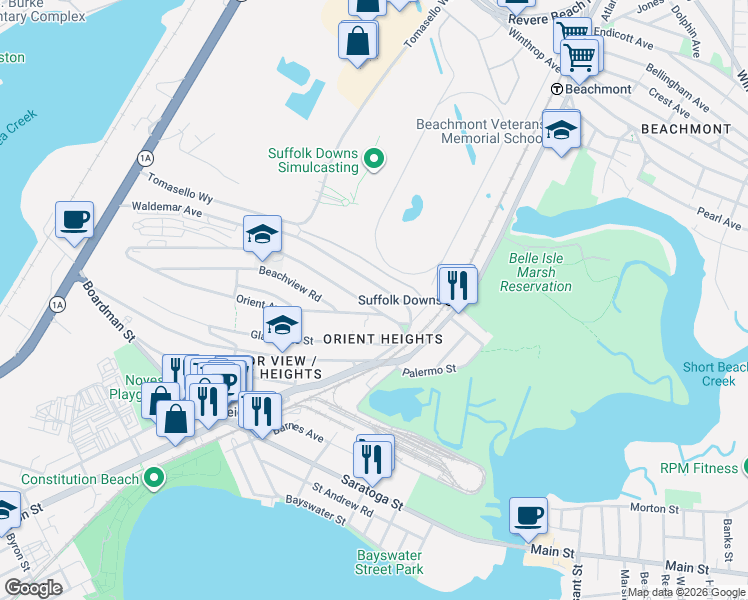 map of restaurants, bars, coffee shops, grocery stores, and more near 42 Orient Avenue in Boston